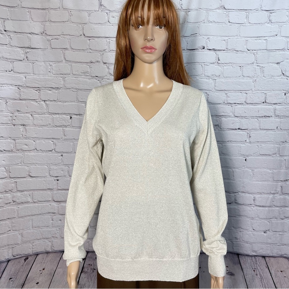 Banana Republic V-Neck Silk Blend Light Grey Sparkle Sweater Size L